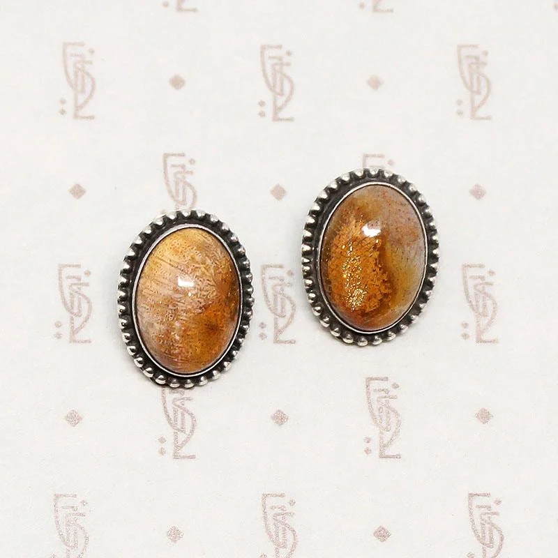 Petrified Bone & Sterling Clip On Earrings