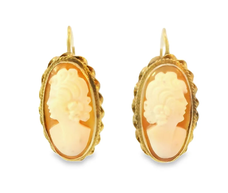 Antique Estate 14K Yellow Gold Shell Cameo Drop Earrings