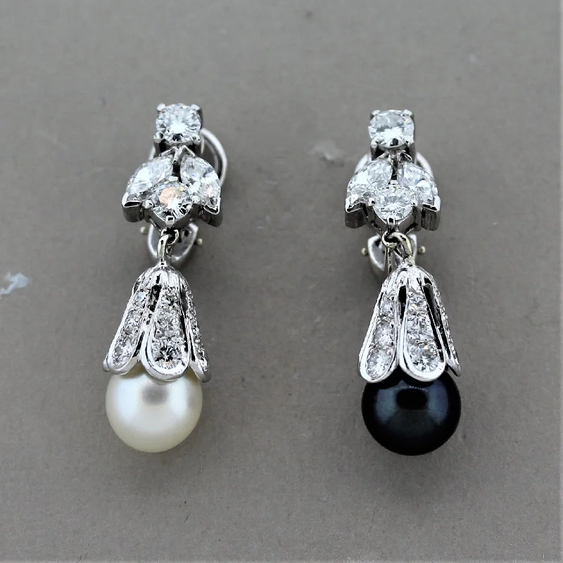 Mid-Century Pearl Diamond Platinum Drop Earrings