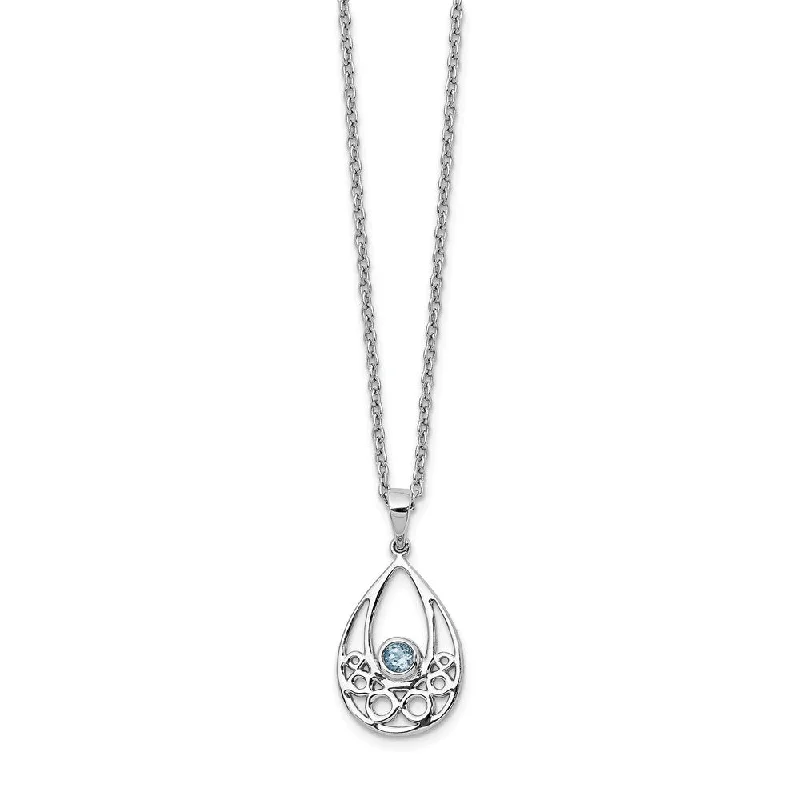 Blue Topaz Teardrop Rhodium Plated Sterling Silver Necklace, 18-20 In