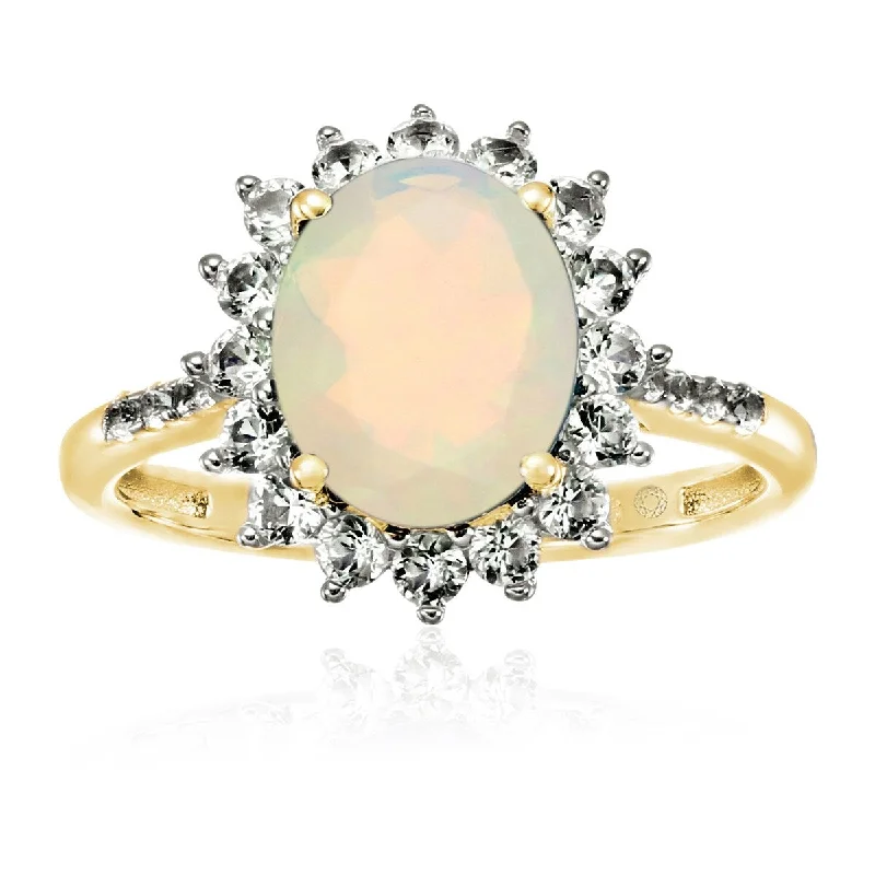 Yellow Gold Over Sterling Silver Ethiopian Opal and Created White Sapphire Ring