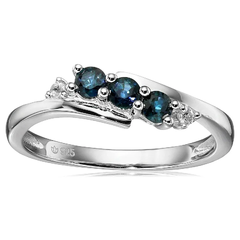 925 Sterling Silver Indian Blue Sapphire and Created White Sapphire Ring