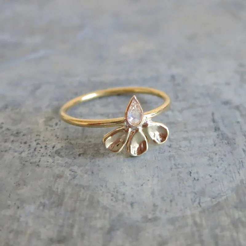 Carved Petal Pear Shape Rose Cut Diamond Ring