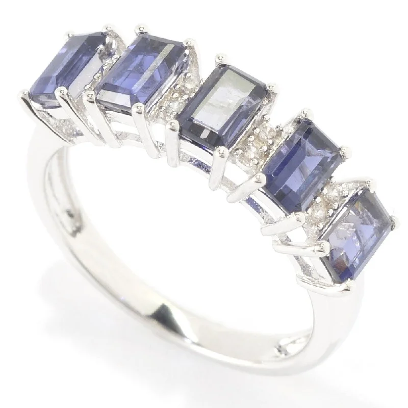 Sterling Silver 1 2/5ct Emerald-cut Iolite and White Zircon Ring