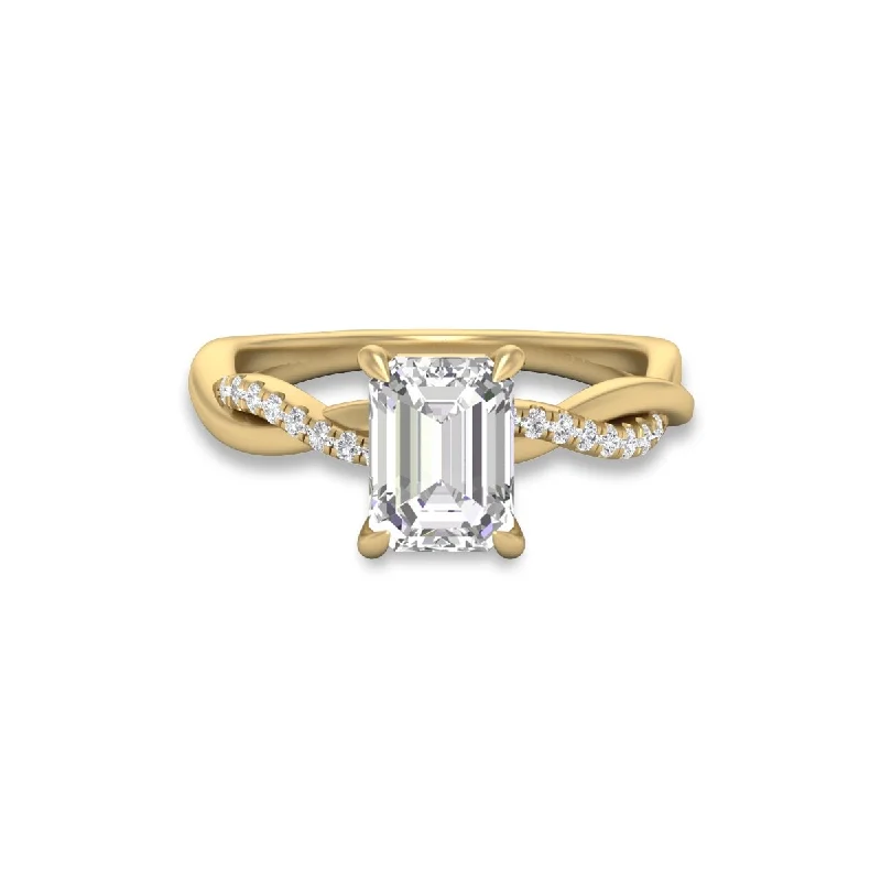 Marquee Agatha Twisted Pave Ring with IGI Certified 2.50 Carat Lab-Grown Emerald Cut Diamond in 14K Yellow Gold