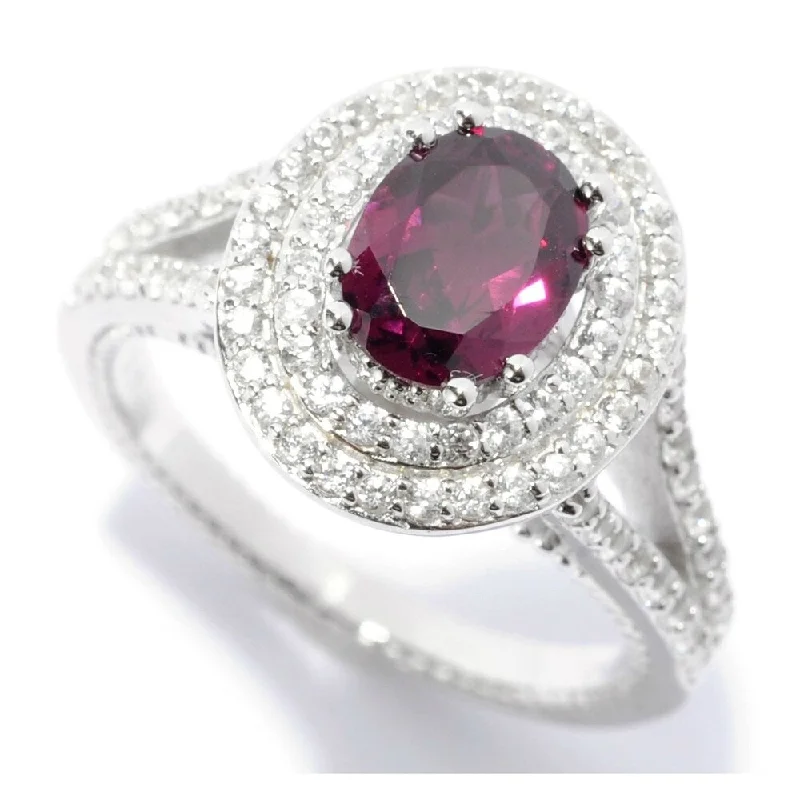 Sterling Silver Rhodolite & White Zircon Double Halo Ring