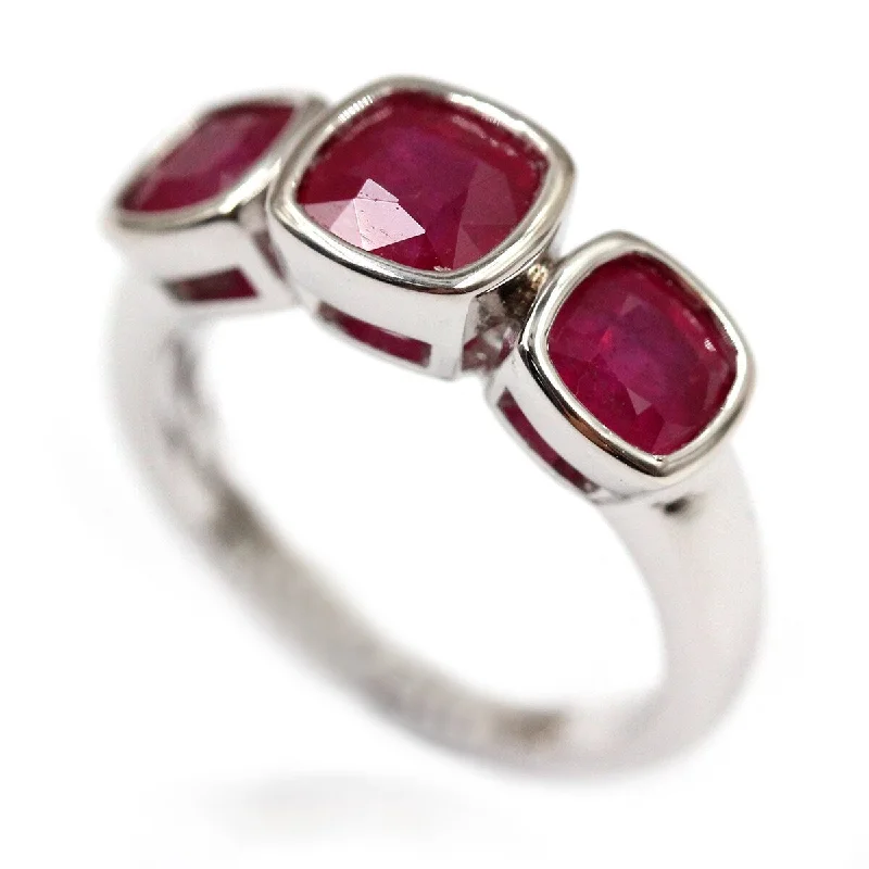 925 Sterling Silver Glass Filled Ruby 3 Stone Ring