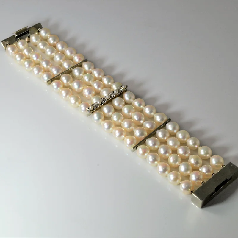 Multi Row Pearl & Diamond Chain 19k Bracelet | 0.10ctw | 7.5"|