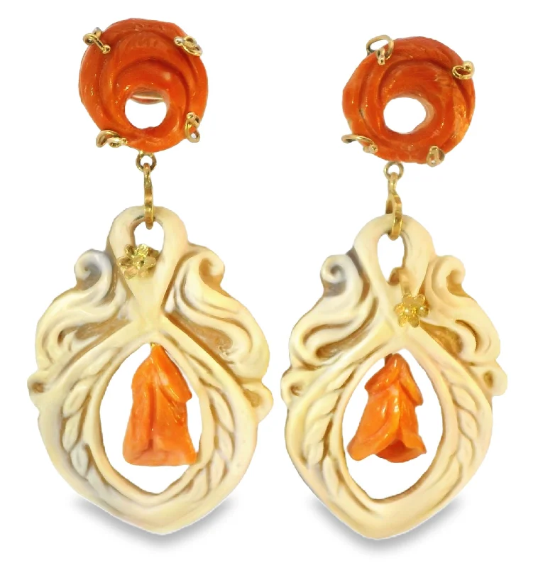 Antique Estate 18K Gold Carved Cameo Red Coral Undyed Drop Dangle Earrings