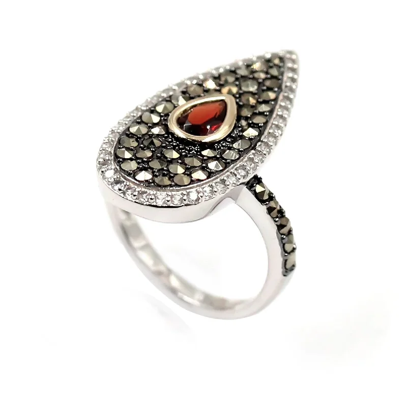 14k Gold and Sterling Silver Red Garnet and Marcasite Ring