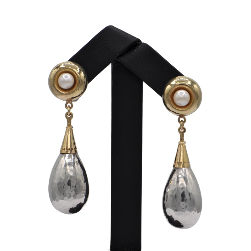 Estate Signed Walter Schluep Sterling Silver, Gold and Pearl Drop Earrings