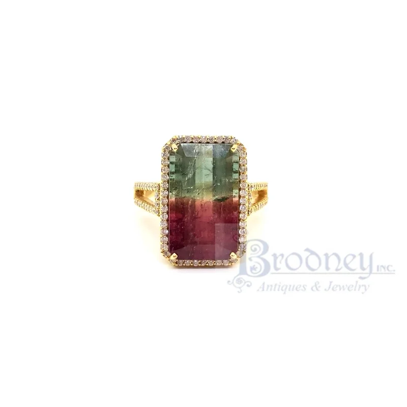 14 Kt Gold Watermelon Tourmaline Diamond Ring