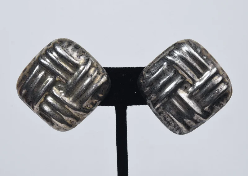 Vintage Heavy Mexican Sterling Silver Basket Weave Clip On Earrings