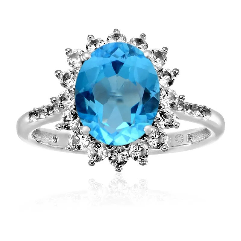 925 Sterling Silver Swiss Blue Topaz and Created White Sapphire Ring