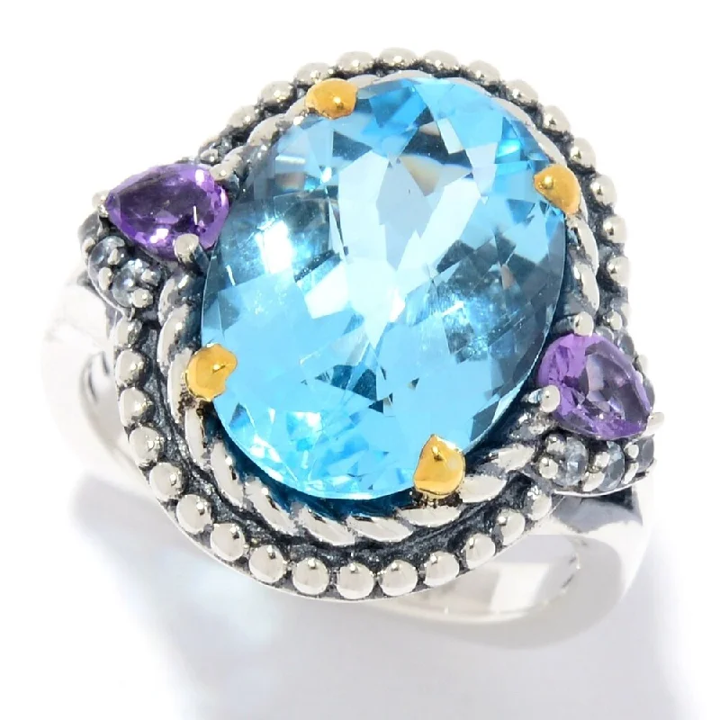 925 Sterling Silver Sky Blue Topaz,Brazilian Amethyst,White Natural Zircon Ring