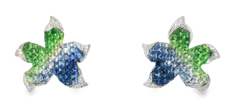 18K Designer White Gold Star Fish Starfish Diamond Sapphire Earrings Ring Set