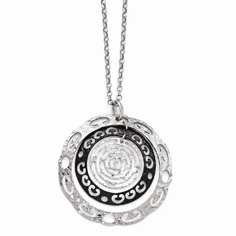 Two Tone Cutout Circle Necklace in Black Plated Sterling Silver, 18 in