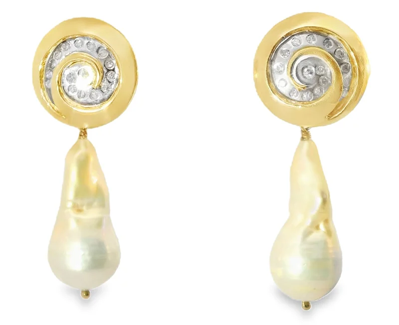 Beautiful Estate 14K 2-Tone Gold Baroque Pearl Diamond Swirl Drop Earrings