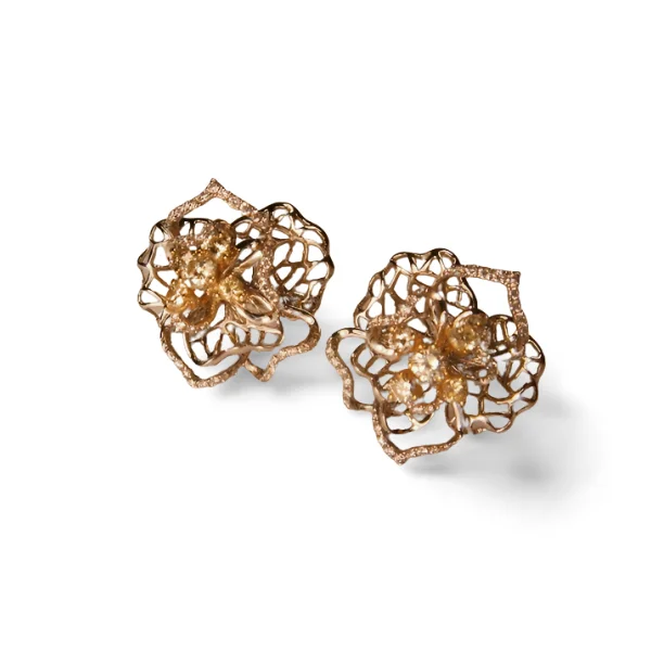 Magnificent Filigree 18K White 2-Tone Gold Yellow Diamond Floral Earrings