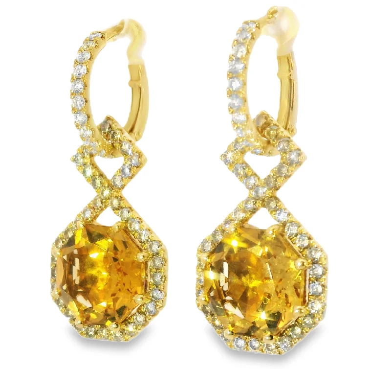 Magnificent Estate 18K Cordova Gold Diamond Citrine Dangle Drop Earrings