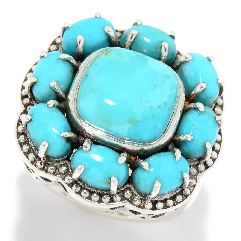 Sterling Silver 10mm Kingman Mohave Turquoise Beaded Halo Ring