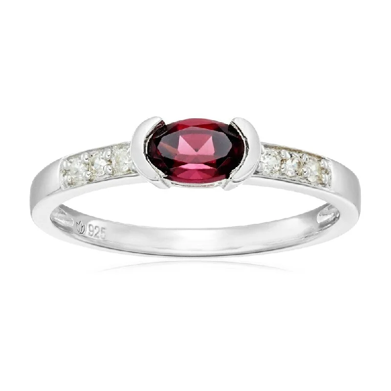 Sterling Silver Rhodolite and Natural White Zircon Ring, Size 7 - Red