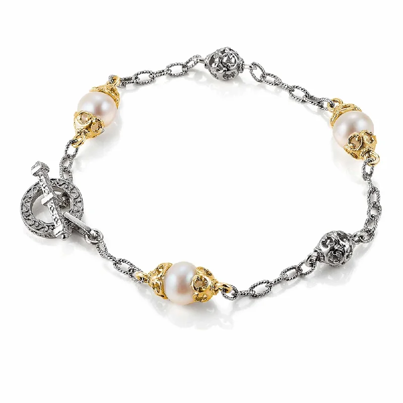 Filigree Bead and Pearl Station Bracelet with 18k Gold Vermeil