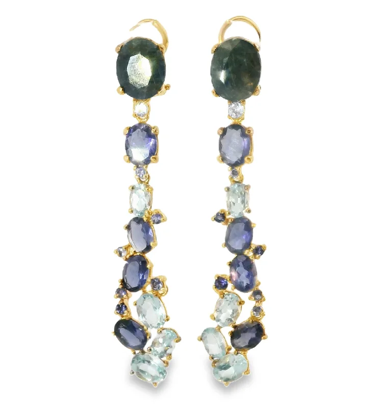 Unique 14K Rose Gold Vermeil Silver Sapphire Topaz Iolite Designer Drop Earrings