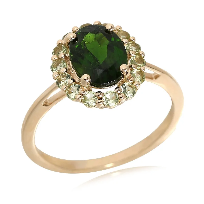 14Kt Gold Peridot and Chrome Diopside Gemstone Halo Ring