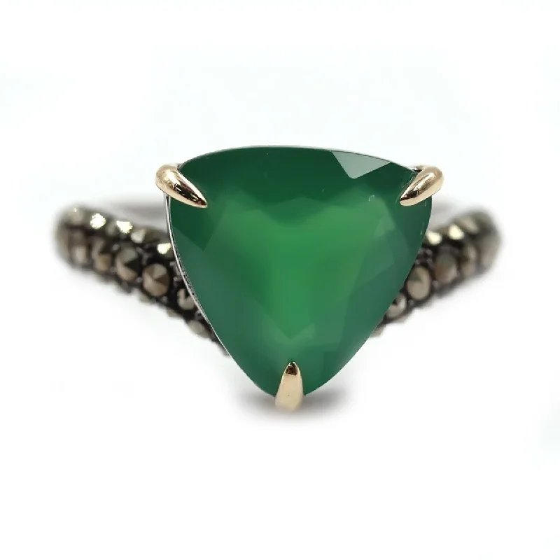 14k Gold And Sterling Silver Green Agate and Marcasite Ring