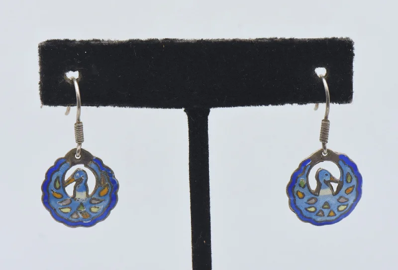 Vintage Sterling Silver Enameled Bird Motif Dangle Earrings