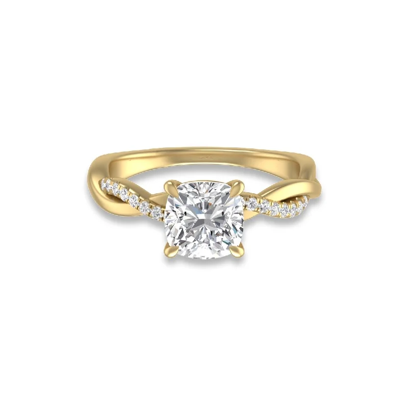 Marquee Agatha Twisted Pave Ring with IGI Certified 2 Carat Lab-Grown Cushion Cut Diamond in 14K Yellow Gold