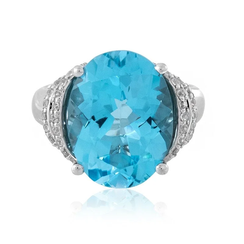 925 Sterling Silver Sky Blue Topaz and White Natural Zircon Gemstone Solitaire Ring