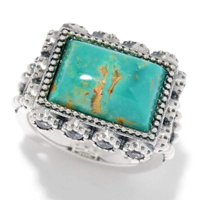 925 Sterling Silver White Natural Zircon and Tyrone Turquoise Ring