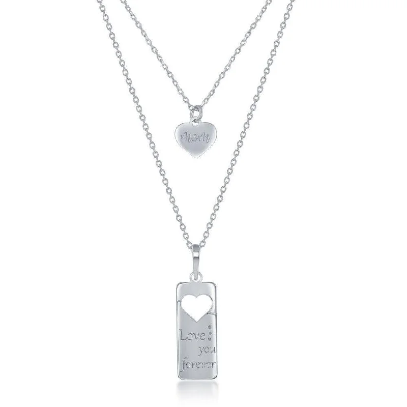 Sterling Silver 2PC Tag Heart Necklace Set - 16+2 Inch Love You Forever' Tag & 14+2Mom Heart