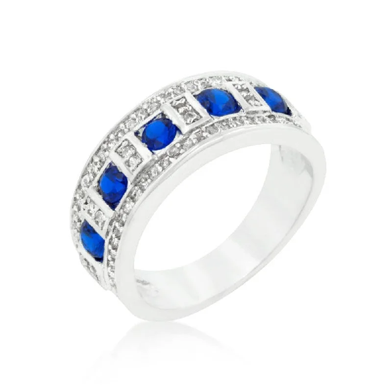 Blue And Clear Encrusted Rhodium Plated Ring