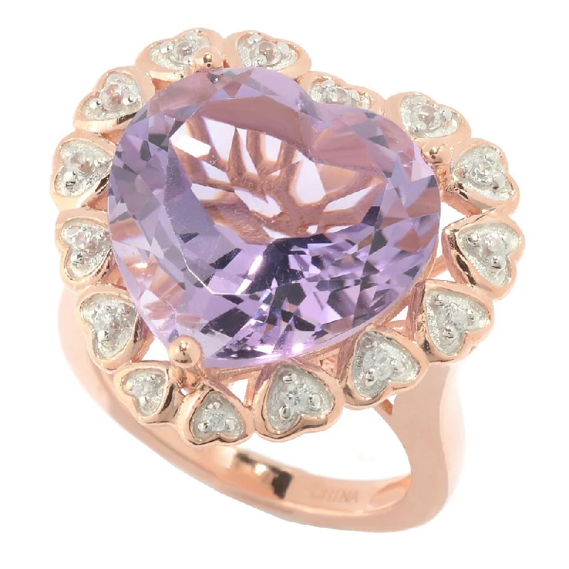 18k Rose Gold over Sterling Silver Amethyst and White Zircon Heart Shaped Halo Ring