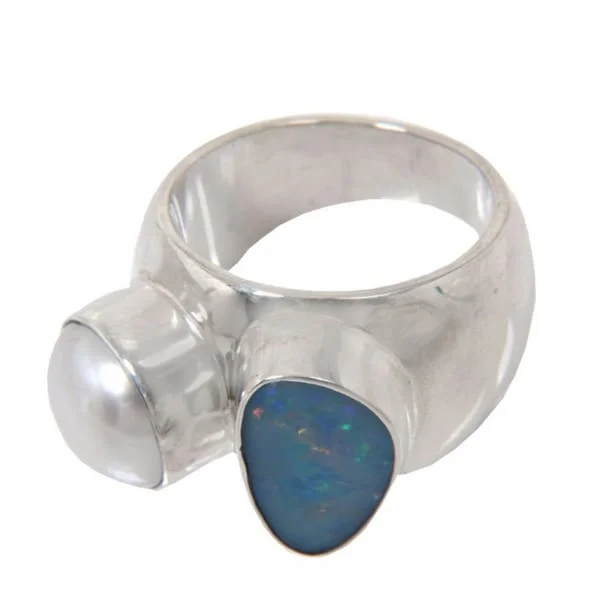 Sterling Silver 'Never Apart' Opal and the Luminous Purity of Pearl Ring Made In Indonesia