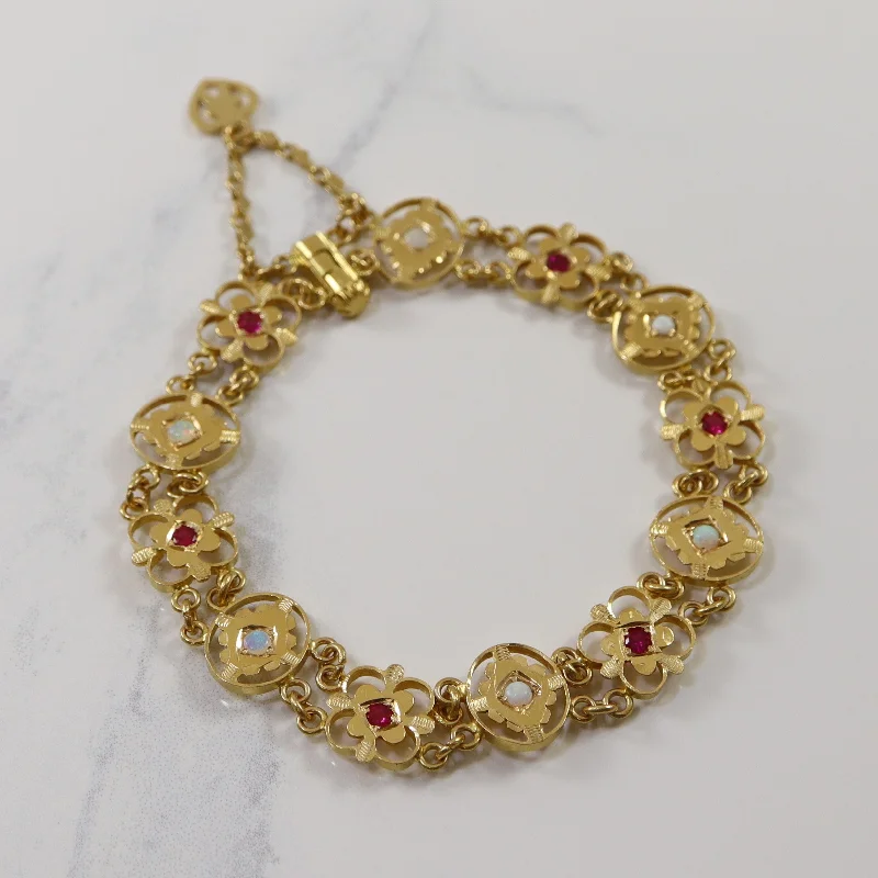 Synthetic Ruby & Opal Gold Filigree Bracelet | 1.00ctw | 8" |