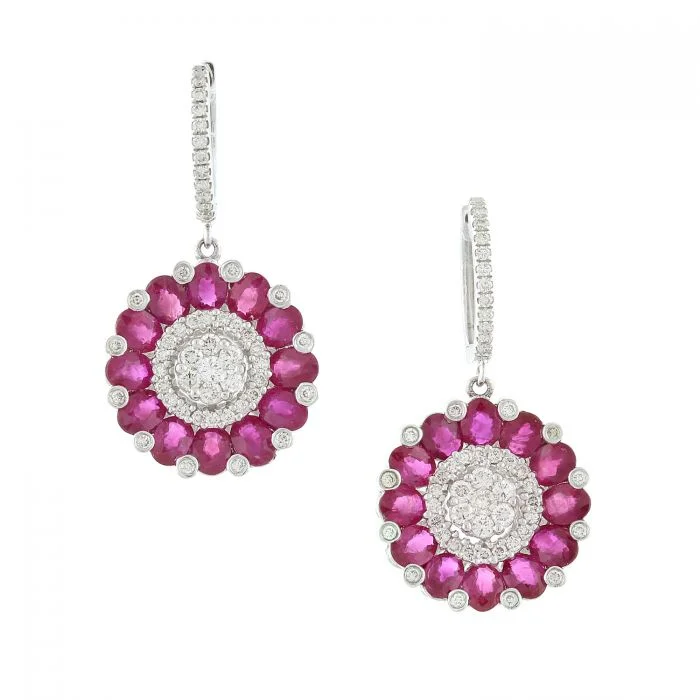 Ruby Diamond Gold Flower Cluster Drop Earrings