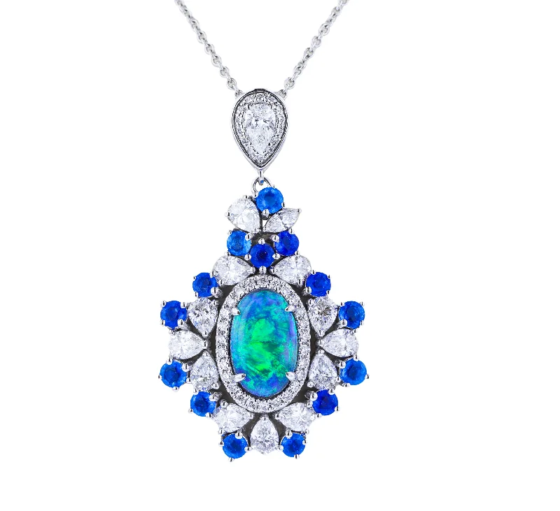 JULEVE 18KT WHITE GOLD 1.69CT BLACK OPAL, 1.15CT HAUYNE & 2.78CTW DIAMOND NECKLACE