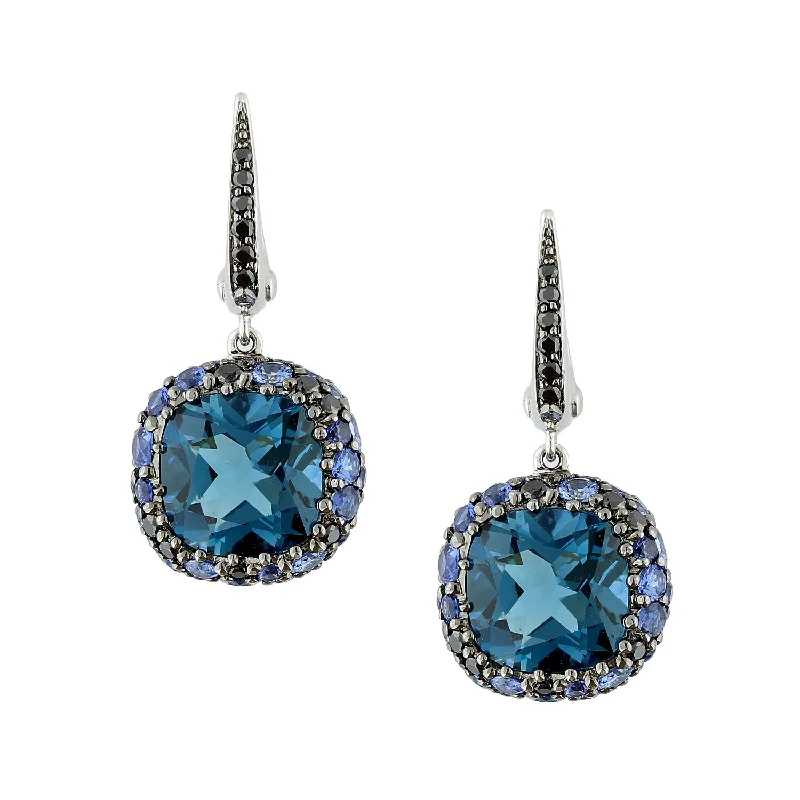 London Blue Topaz Sapphire Black Diamond Gold Cluster Drop Earrings