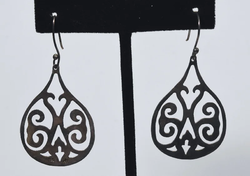 Vintage Flat Pierced Design Sterling Silver Dangle Earrings