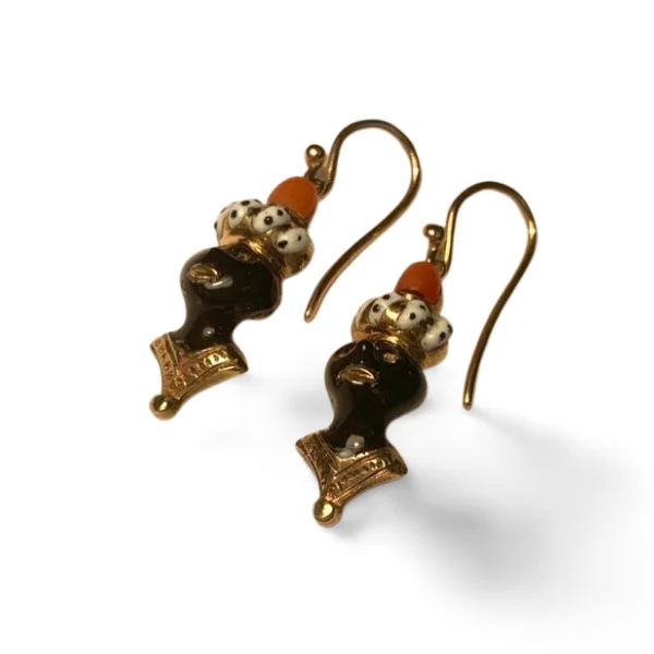 18K Gold Enamel Coral Black Amour Americana Earrings