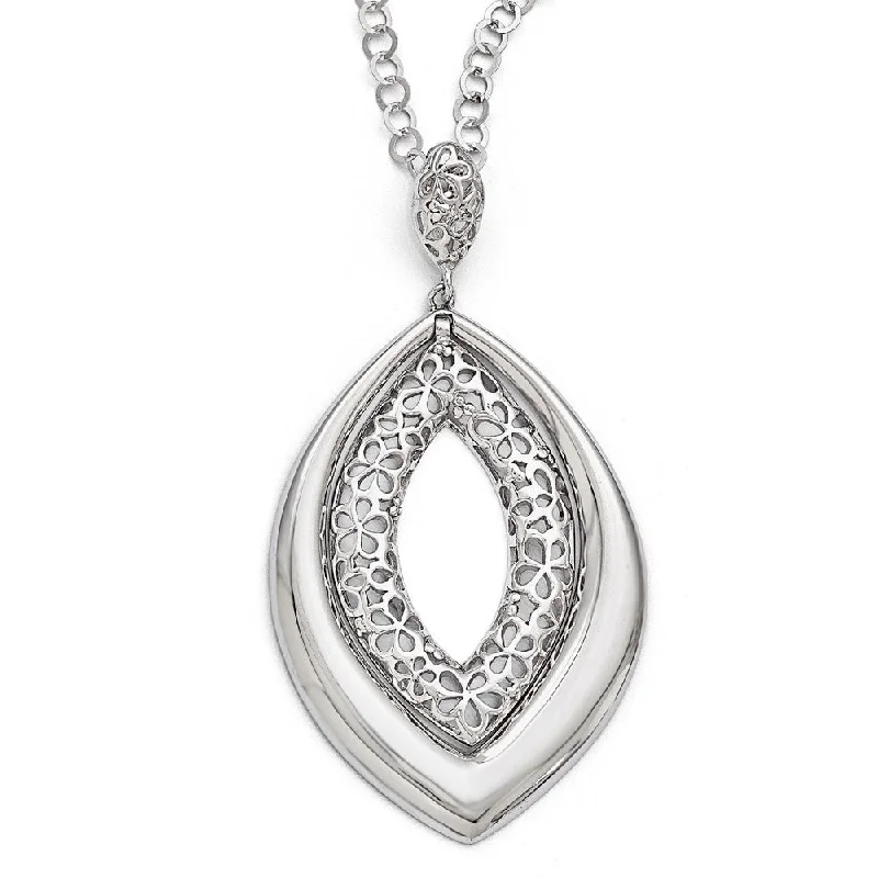 Polished and Floral Marquise Shaped Necklace in Sterling Silver, 18 in