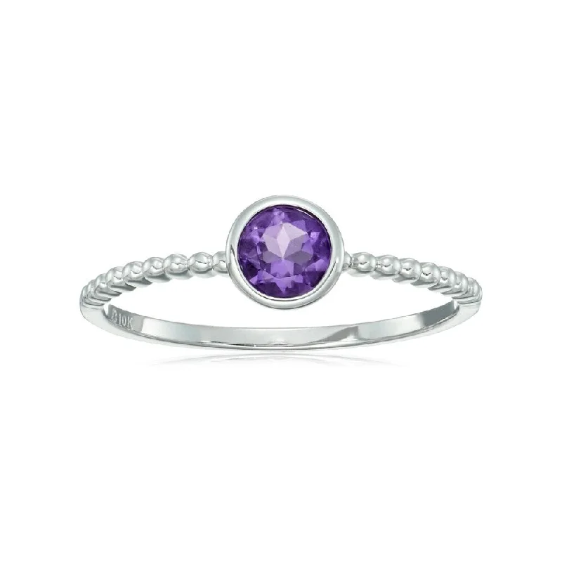 10k White Gold African Amethyst Solitaire Beaded Stackable Ring