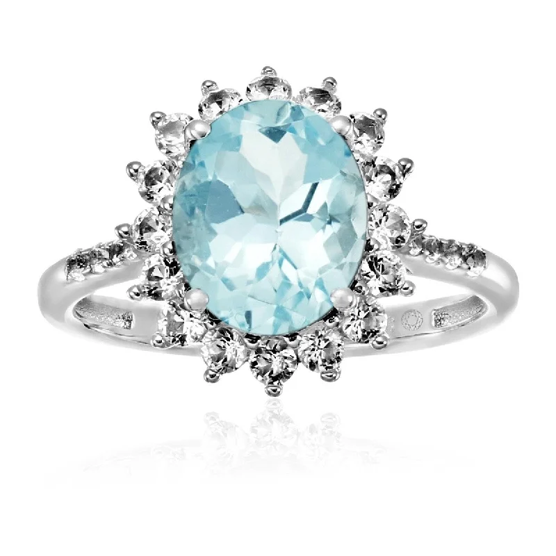 925 Sterling Silver Aquamarine and Created White Sapphire Ring