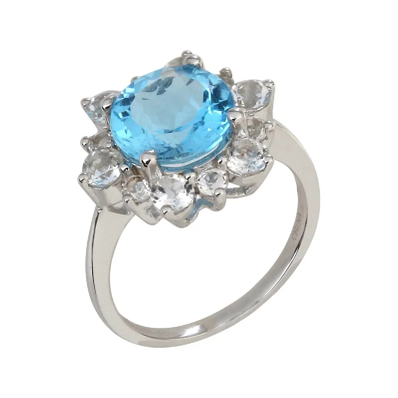 925 Sterling Silver Swiss Blue Topaz and White Cz Ring