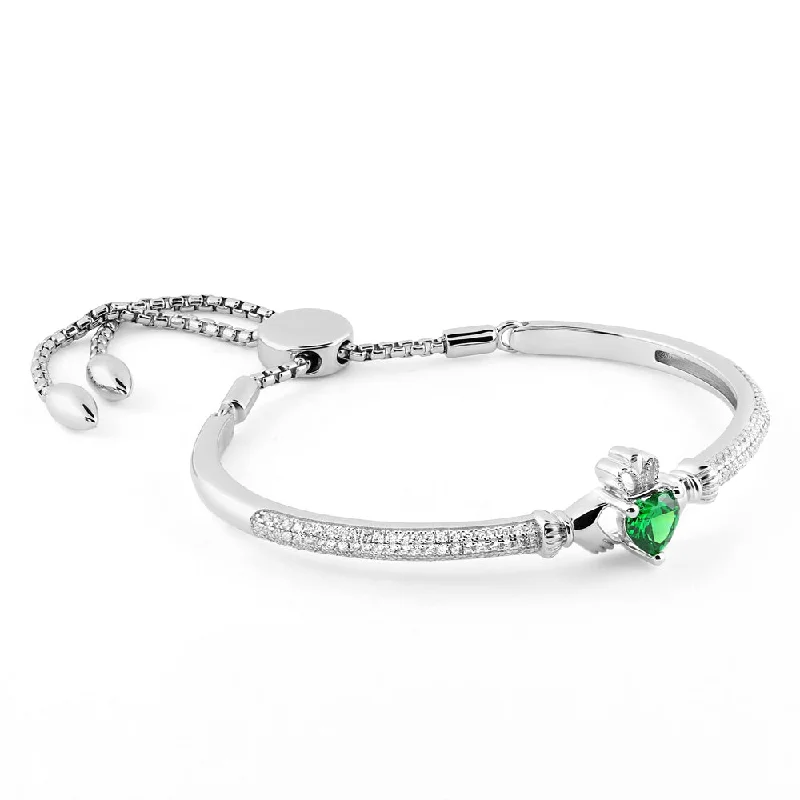 Sterling Silver Claddagh Bracelet with White and Green CZs SB-S5890