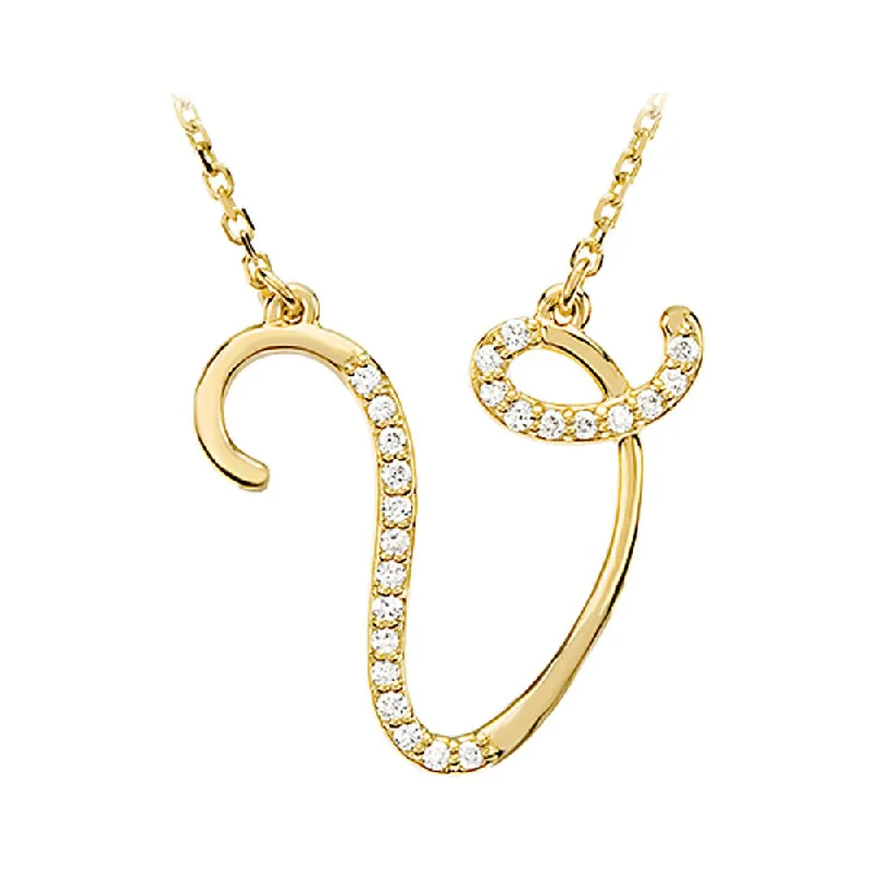 1/8 Ctw Diamond 14k Yellow Gold Medium Script Initial V Necklace, 17in